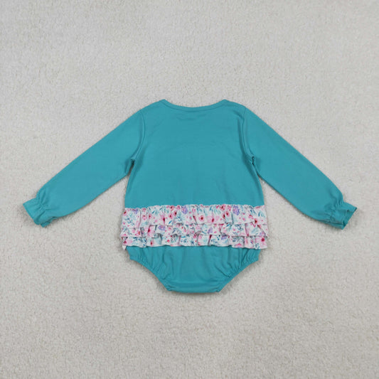 LR2432 Embroidered Floral Bow Ruffle Blue Long Sleeve Girls Bubble Romper 202510 RTS