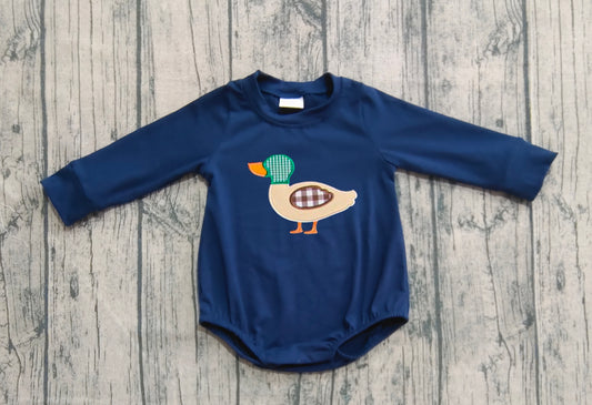 LR2436 Embroidered Duck Hunting Navy Blue Long Sleeve Boys Bubble Romper 202509 RTS