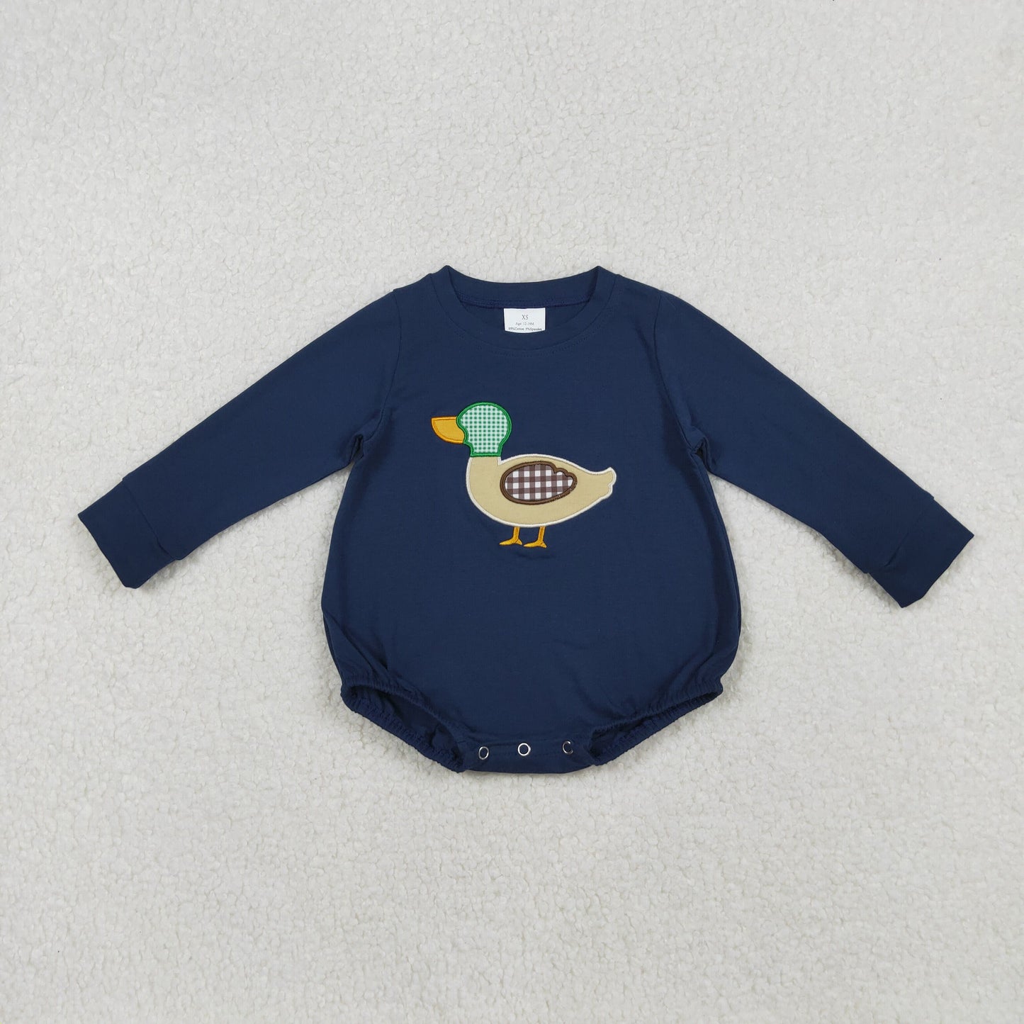 LR2436 Embroidered Duck Hunting Navy Blue Long Sleeve Boys Bubble Romper 202509 RTS
