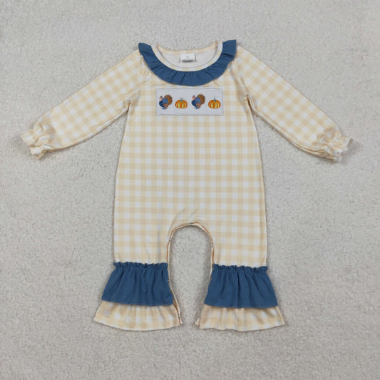 LR2438 Embroidered Thanksgiving Turkey Beige Plaid Blue Ruffle Long Sleeve Girls Romper 202510 RTS