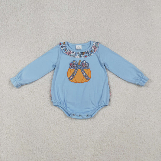 LR2441 Embroidered Pumpkin Bows Floral Ruffle Blue Long Sleeve Girls Bubble Romper 202509 RTS