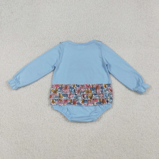 LR2441 Embroidered Pumpkin Bows Floral Ruffle Blue Long Sleeve Girls Bubble Romper 202509 RTS