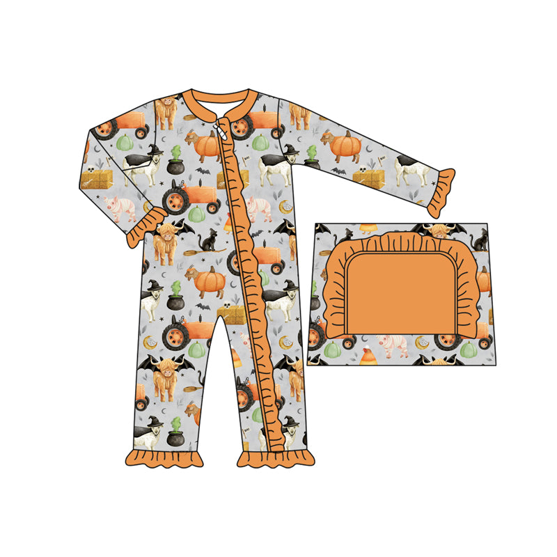 Preorder LR2443 Halloween Farm Animals Orange Ruffle Zippy Long Sleeve Girls Romper 202507
