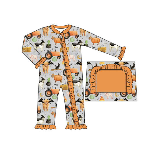 Preorder LR2443 Halloween Farm Animals Orange Ruffle Zippy Long Sleeve Girls Romper 202507