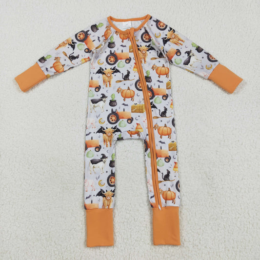 LR2444 Halloween Farm Animals Orange Zippy Long Sleeve Boys Romper 202508 RTS