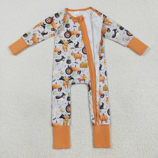 LR2444 Halloween Farm Animals Orange Zippy Long Sleeve Boys Romper 202508 RTS