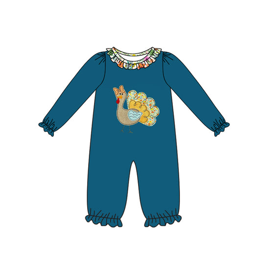 Preorder LR2448 Thanksgiving Turkey Flower Dark Blue Green Ruffle Long Sleeve Girls Romper 202507
