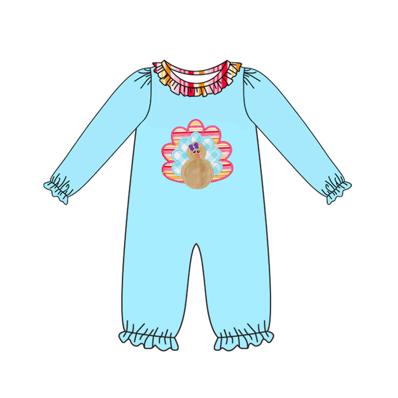 Preorder LR2449 Thanksgiving Turkey Red Orange Stripe Ruffle Blue Long Sleeve Girls Romper 202507