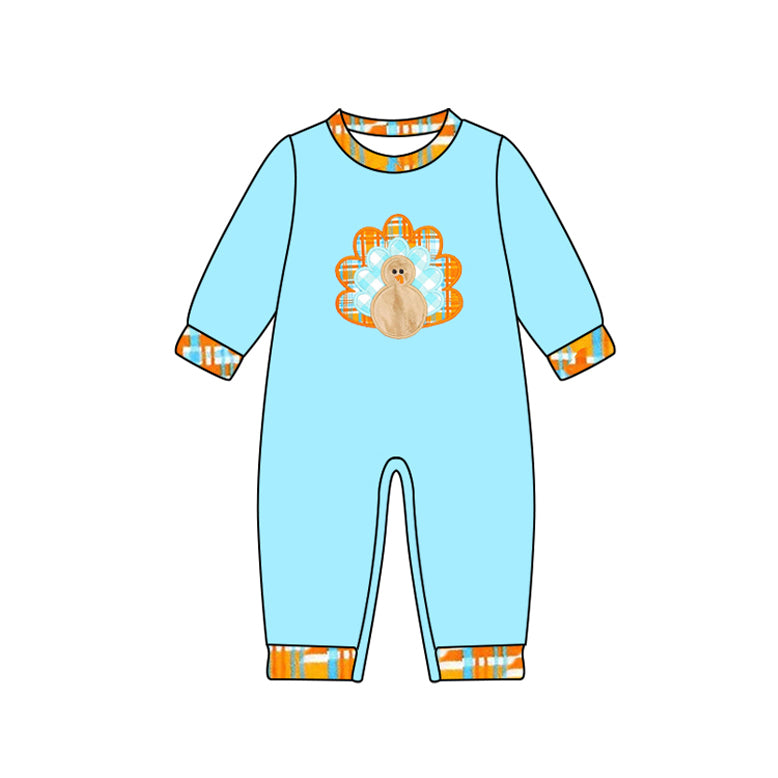 Preorder LR2450 Thanksgiving Turkey Orange O-Neck Blue Long Sleeve Boys Romper 202507