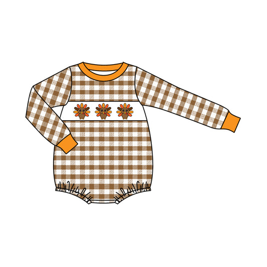 Preorder LR2456 Thanksgiving Turkey Orange Plaid Long Sleeve Boys Bubble Romper 202507
