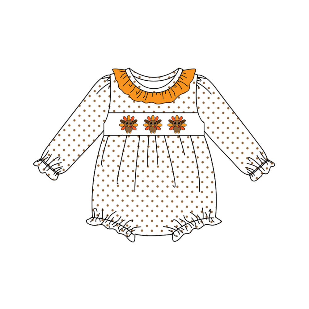 Preorder LR2457 Thanksgiving Turkey Dots Orange Ruffle White Long Sleeve Girls Bubble Romper 202507