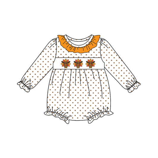 Preorder LR2457 Thanksgiving Turkey Dots Orange Ruffle White Long Sleeve Girls Bubble Romper 202507
