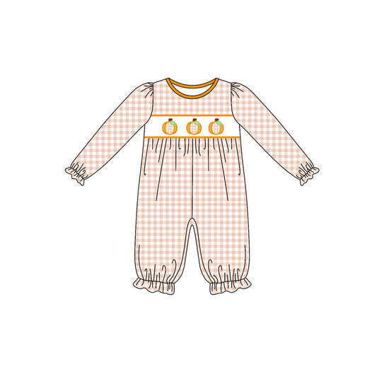 Preorder LR2458 Thanksgiving Pumpkin Plaid Orange Long Sleeve Girls Romper 202507