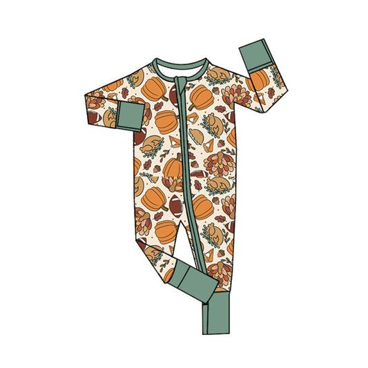 Preorder LR2459 Thanksgiving Pumpkin Turkey Dark Green Zippy Long Sleeve Boys Romper 202507
