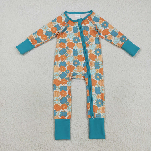 LR2461 Thanksgiving Pumpkin Blue Green Zippy Long Sleeve Boys Romper 202508 RTS