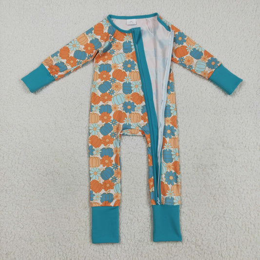 LR2461 Thanksgiving Pumpkin Blue Green Zippy Long Sleeve Boys Romper 202508 RTS