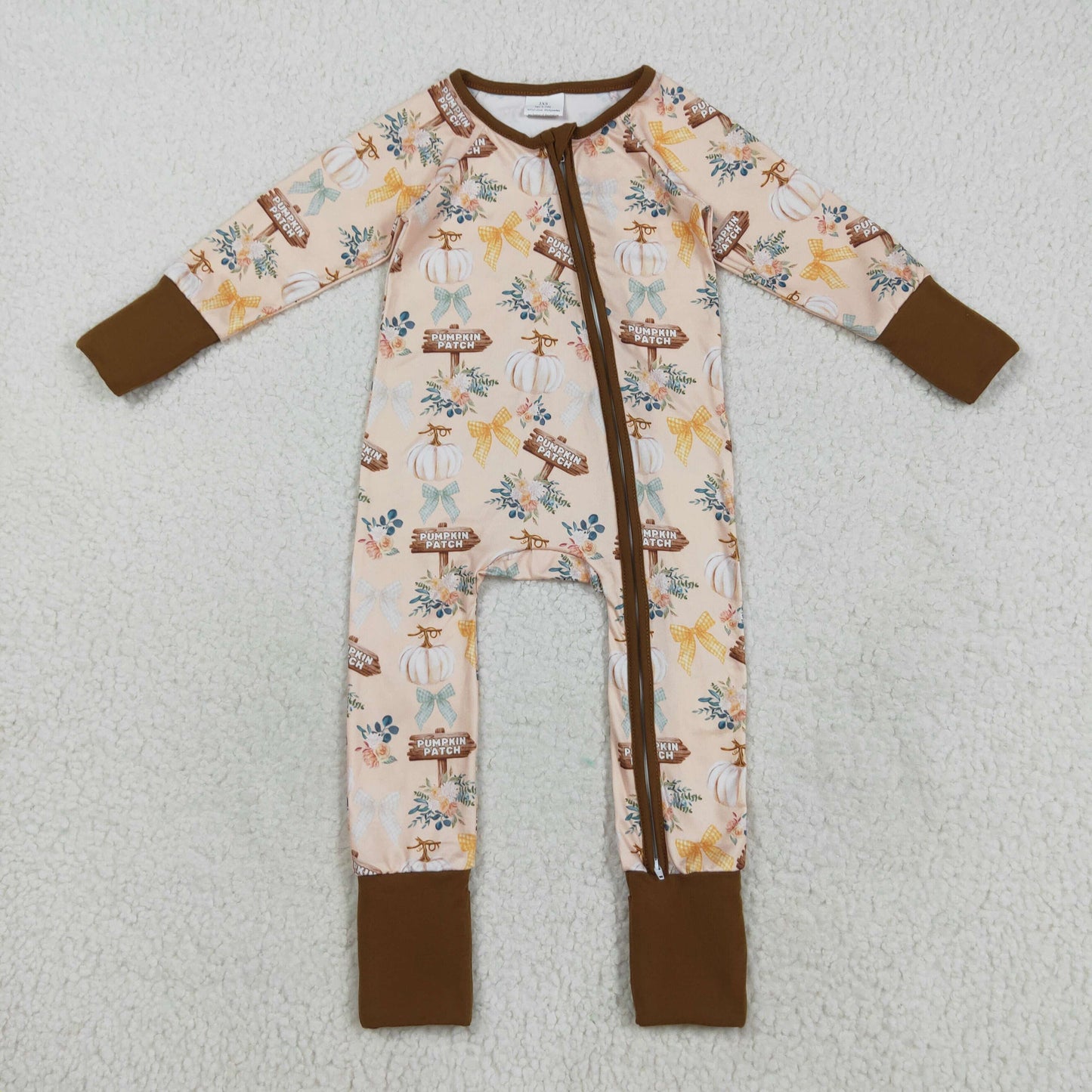 LR2462 Thanksgiving Pumpkin Brown Zipper Long Sleeve Boys Romper 202508 RTS