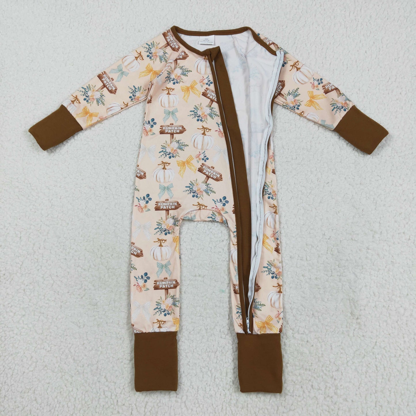 LR2462 Thanksgiving Pumpkin Brown Zipper Long Sleeve Boys Romper 202508 RTS