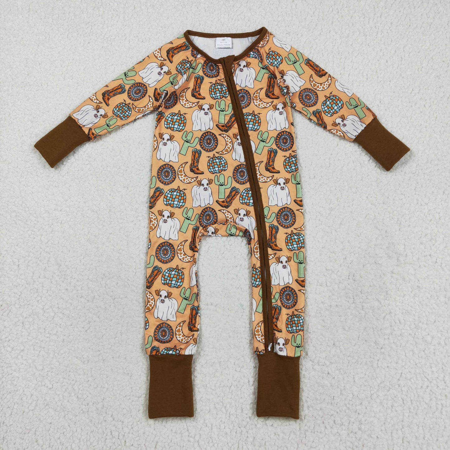 LR2463 Cattle Cactus Cowboy Brown Zipper Long Sleeve Boys Romper 202508 RTS