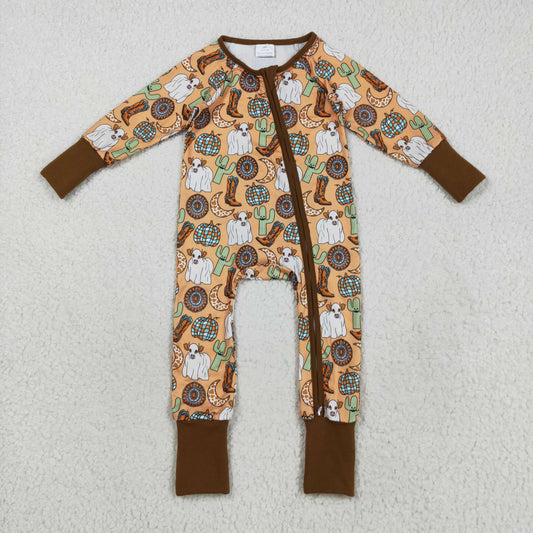 LR2463 Cattle Cactus Cowboy Brown Zipper Long Sleeve Boys Romper 202508 RTS