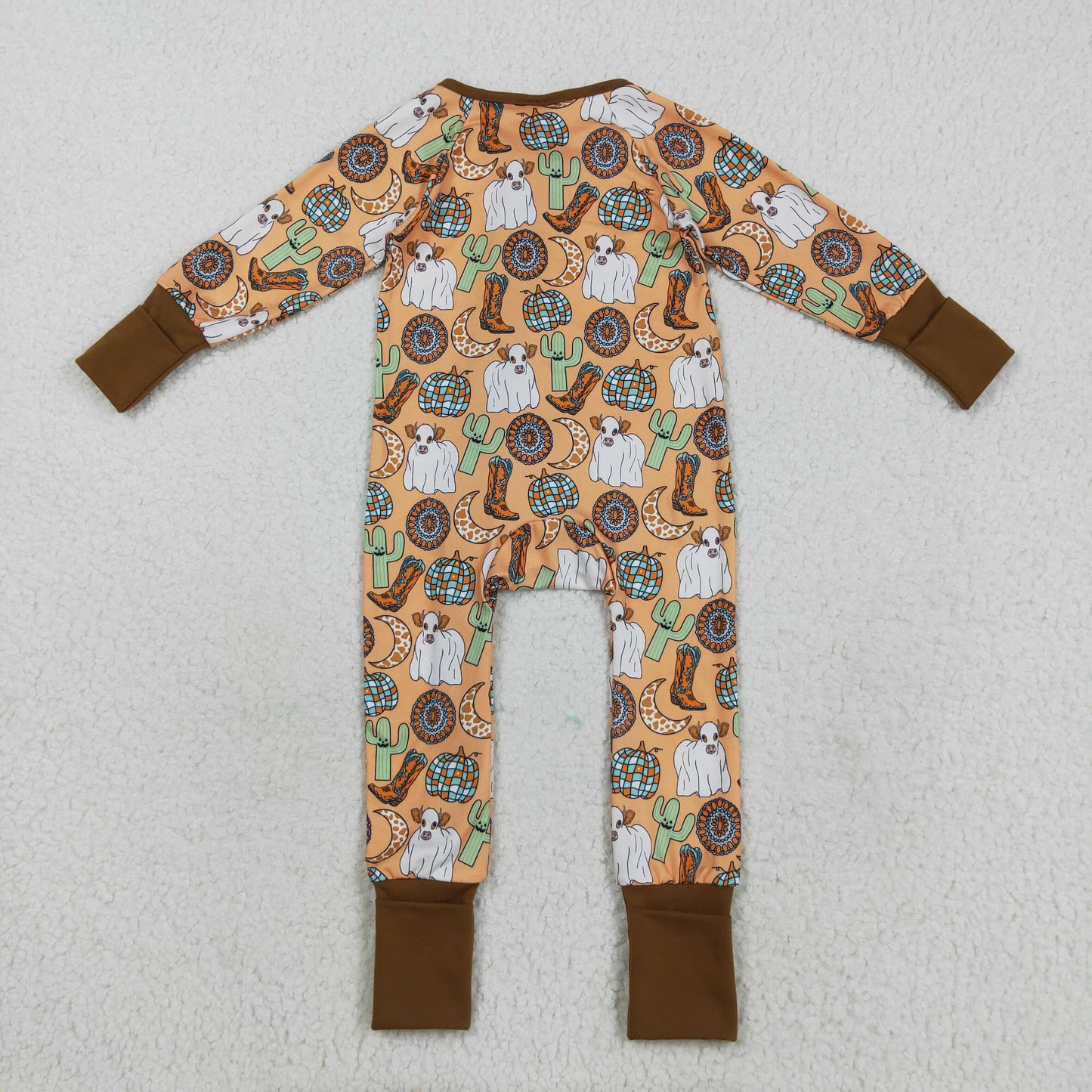LR2463 Cattle Cactus Cowboy Brown Zipper Long Sleeve Boys Romper 202508 RTS