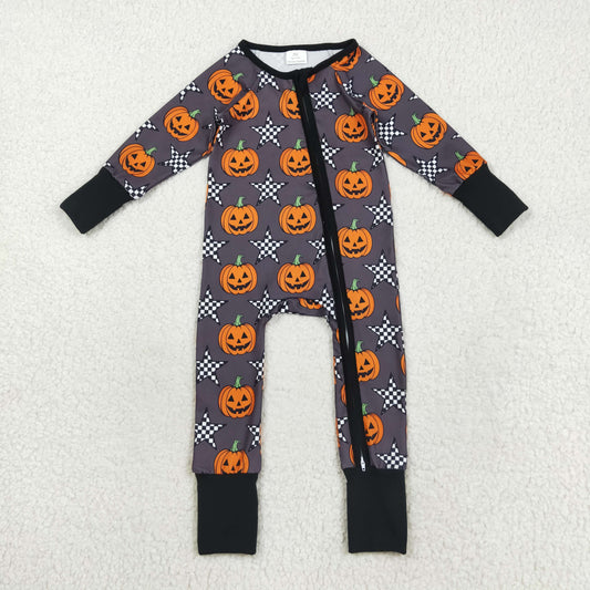 LR2464 Halloween Pumpkin Ghost Star Black Zipper Long Sleeve Boys Romper 202508 RTS