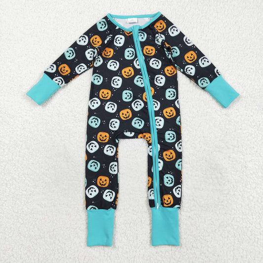 LR2465 Halloween Pumpkin Ghost Blue Green Zippy Long Sleeve Boys Romper 202508 RTS