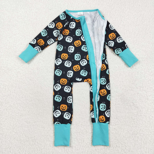 LR2465 Halloween Pumpkin Ghost Blue Green Zippy Long Sleeve Boys Romper 202508 RTS