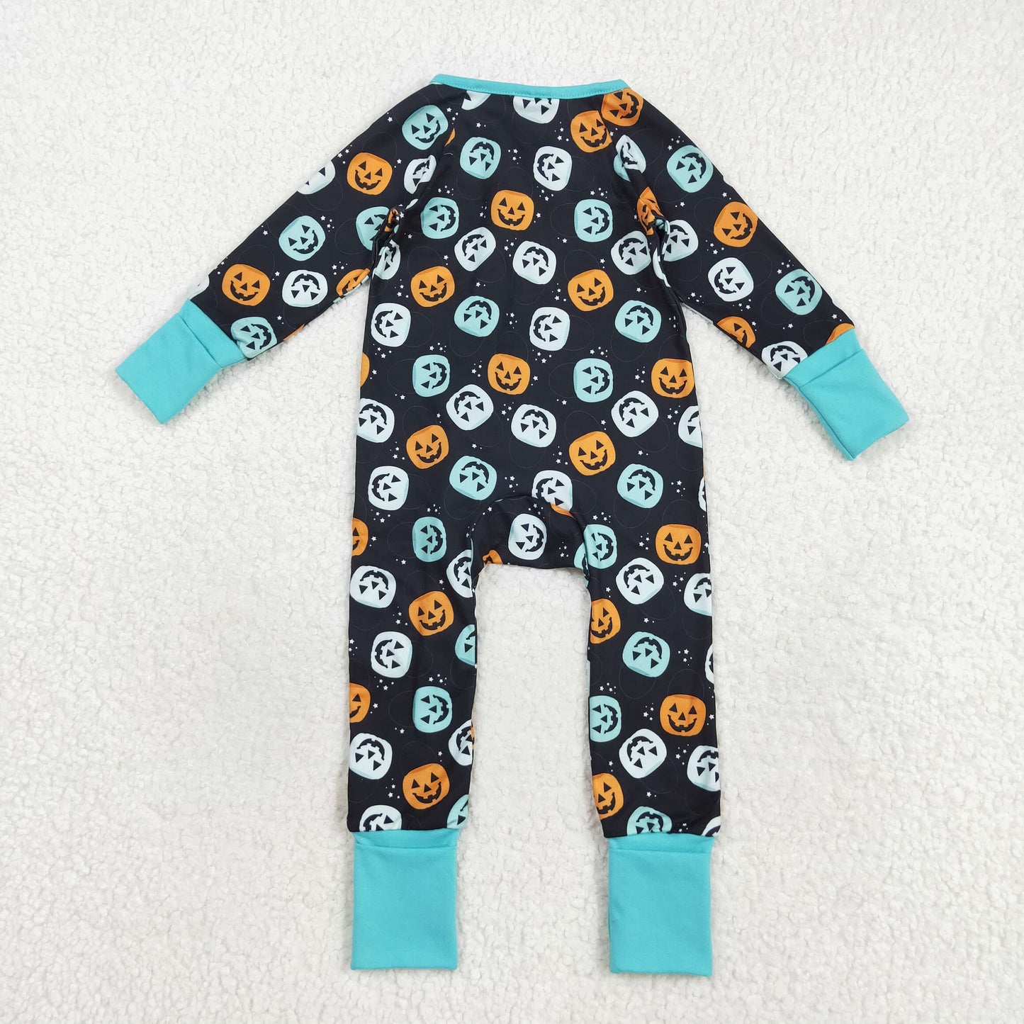 LR2465 Halloween Pumpkin Ghost Blue Green Zippy Long Sleeve Boys Romper 202508 RTS