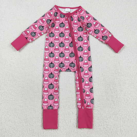 LR2467 Halloween Plaid Pumpkin Candy Rose Red Zipper Long Sleeve Girls Romper 202508 RTS