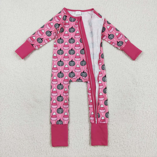 LR2467 Halloween Plaid Pumpkin Candy Rose Red Zipper Long Sleeve Girls Romper 202508 RTS