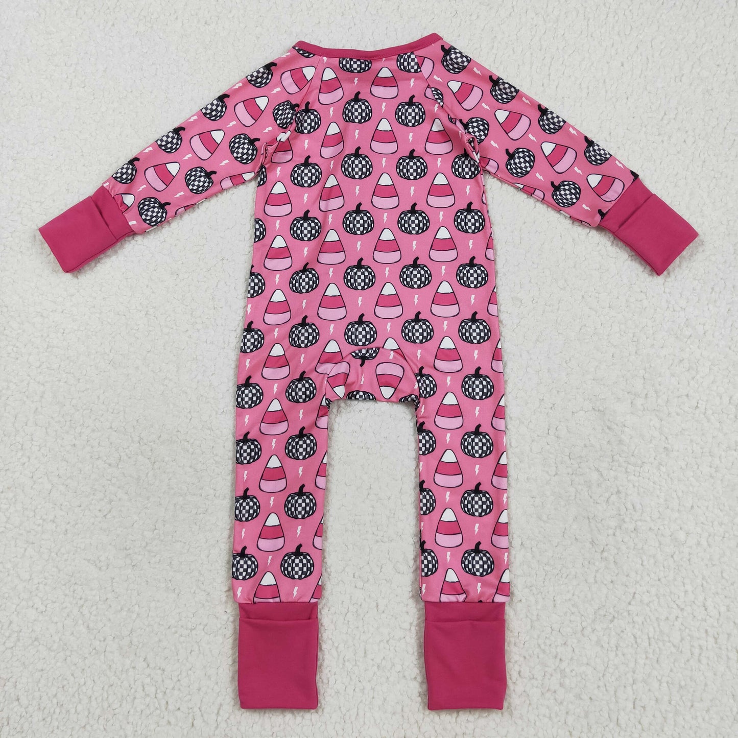 LR2467 Halloween Plaid Pumpkin Candy Rose Red Zipper Long Sleeve Girls Romper 202508 RTS