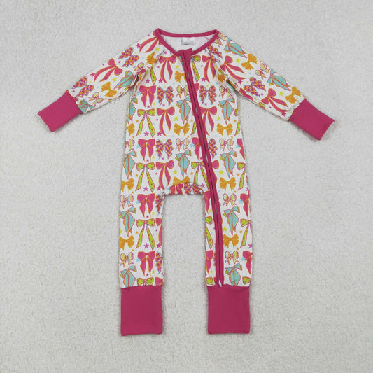LR2468 Bows Pattern Rose Red Zipper Long Sleeve Girls Romper 202509 RTS