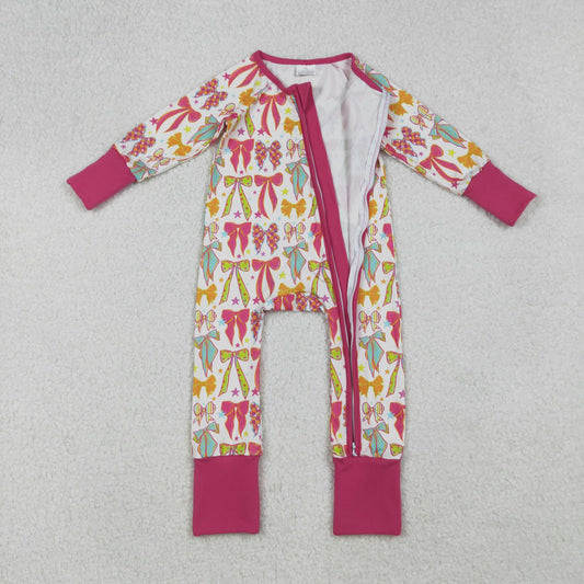 LR2468 Bows Pattern Rose Red Zipper Long Sleeve Girls Romper 202509 RTS