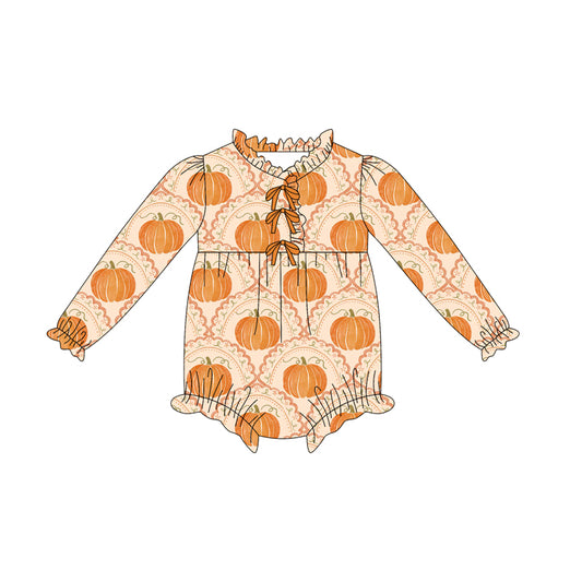 Preorder LR2469 Thanksgiving Pumpkin Pattern Orange Ruffle Long Sleeve Girls Bubble Romper 202507