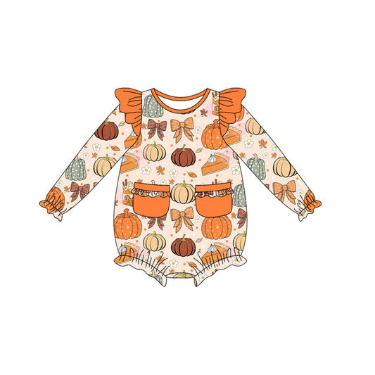 Preorder LR2470 Thanksgiving Pumpkin Bows Pattern Pocket Orange Ruffle Long Sleeve Girls Bubble Romper 202507