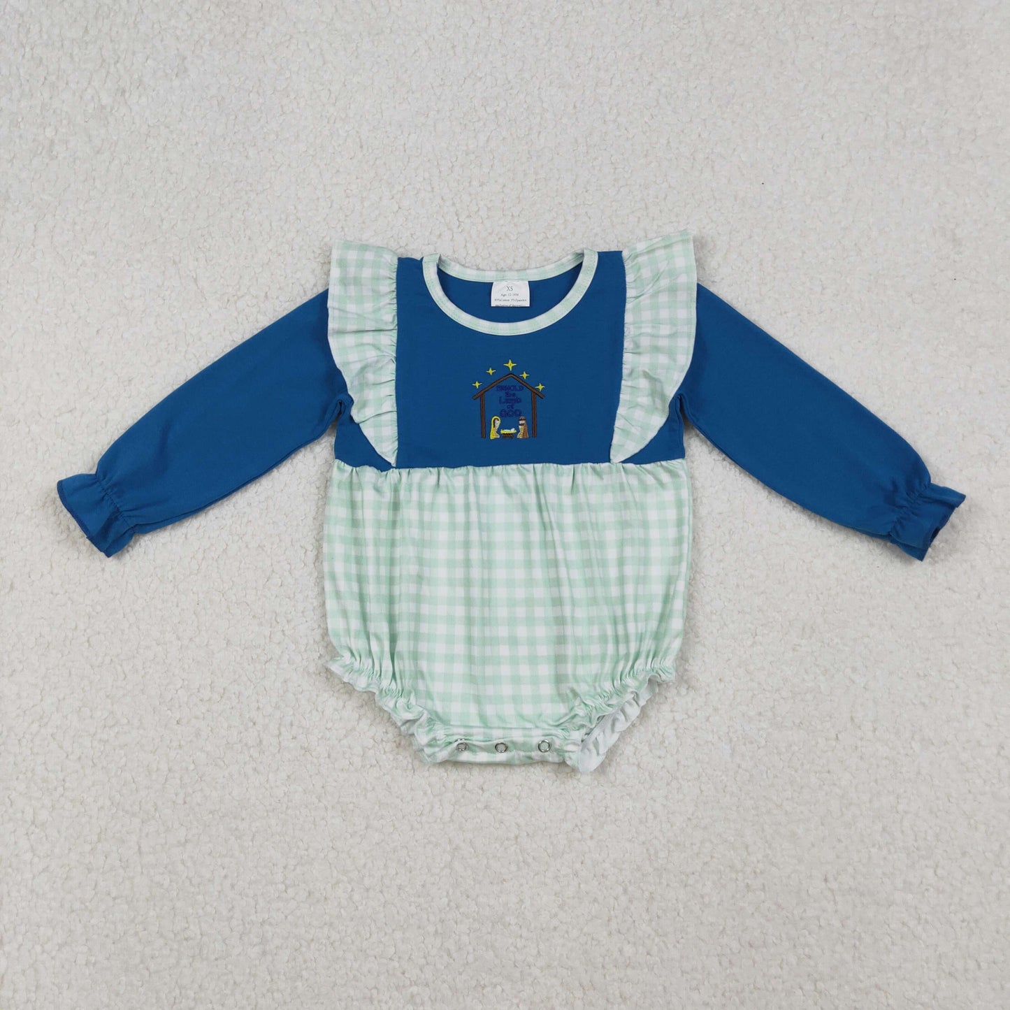 LR2477 Embroidered Christmas Jesus Plaid Ruffle Long Sleeve Girls Bubble Romper 202509 RTS