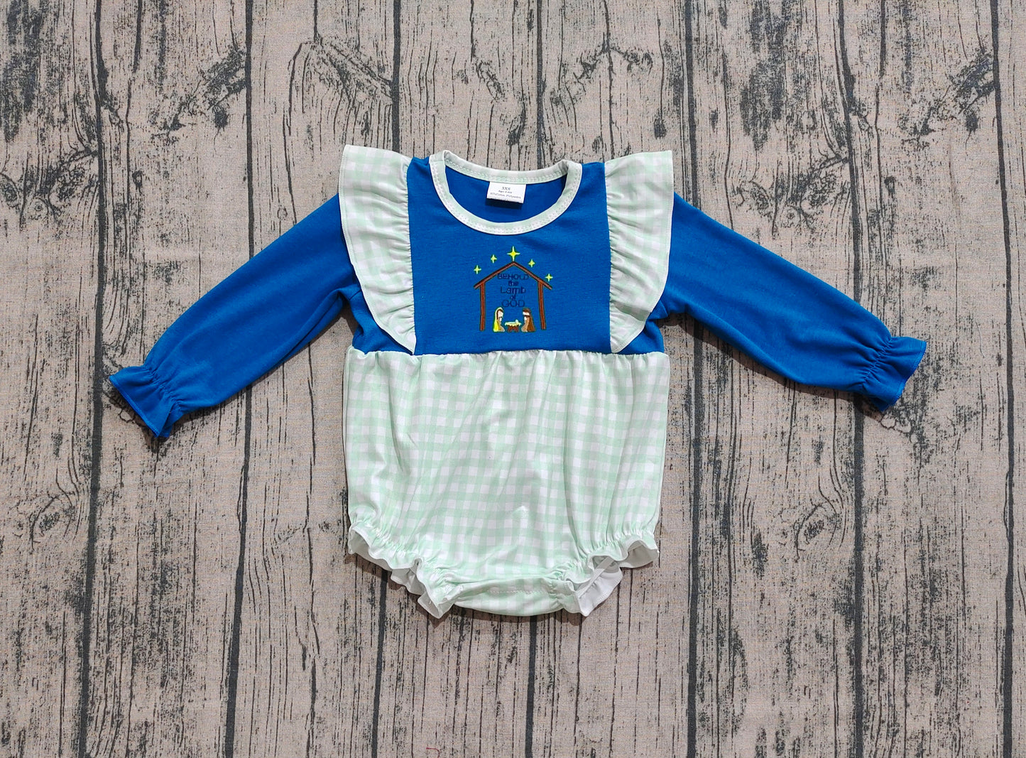 LR2477 Embroidered Christmas Jesus Plaid Ruffle Long Sleeve Girls Bubble Romper 202509 RTS