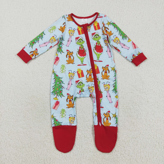 LR2478 Christmas Grinch Red Zippy Long Sleeve with Stocking Girls Romper 202508 RTS