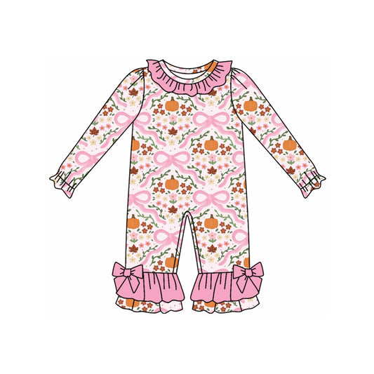 Preorder LR2479 Thanksgiving Pumpkin Bows Flower Pink Ruffle Long Sleeve Girls Romper 202507