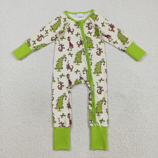 LR2481 Grinch Christmas Tree Puppy Yellow Green Zippy Long Sleeve Boys Romper 202508 RTS