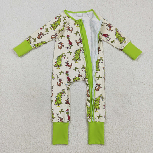 LR2481 Grinch Christmas Tree Puppy Yellow Green Zippy Long Sleeve Boys Romper 202508 RTS