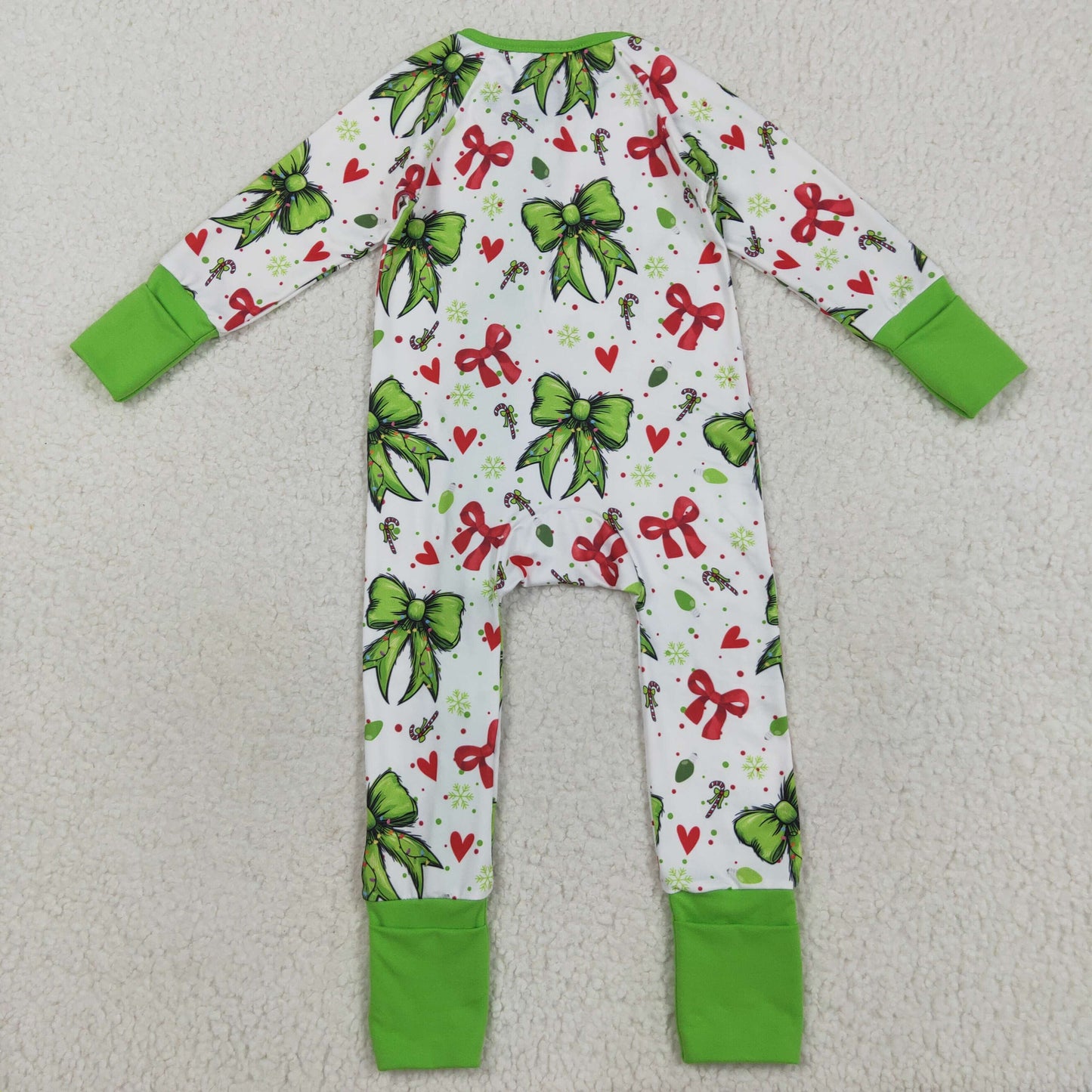 LR2482 Christmas Love Heart Bows Green Zippy Long Sleeve Girls Romper 202508 RTS