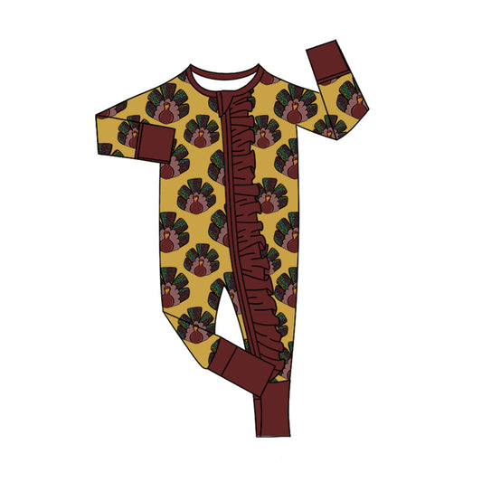Preorder LR2484 Thanksgiving Turkey Yellow Brown Ruffle Zippy Long Sleeve Girls Romper 202507