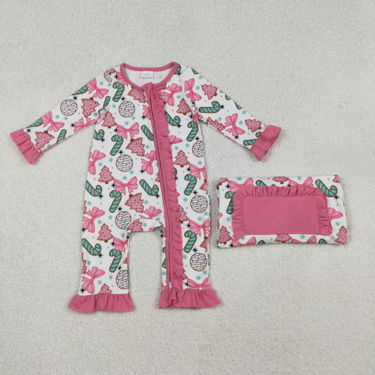 LR2486 Christmas Bows Cane Star Pink Ruffle Zippy Long Sleeve Girls Romper 202510 RTS