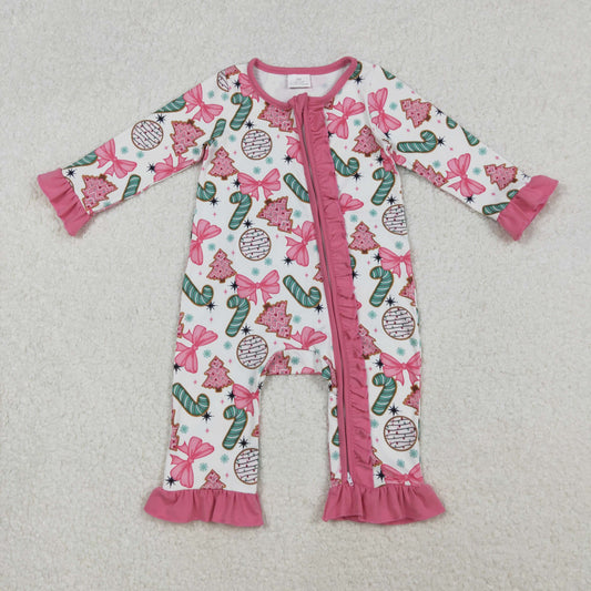 LR2486 Christmas Bows Cane Star Pink Ruffle Zippy Long Sleeve Girls Romper 202510 RTS