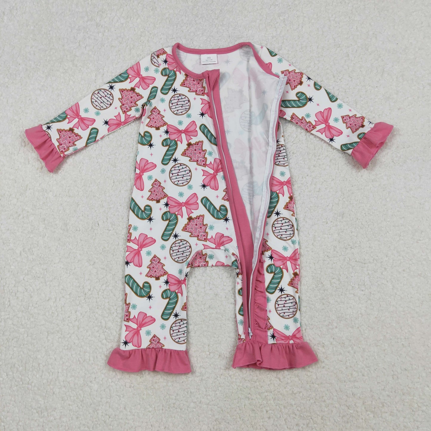 LR2486 Christmas Bows Cane Star Pink Ruffle Zippy Long Sleeve Girls Romper 202510 RTS
