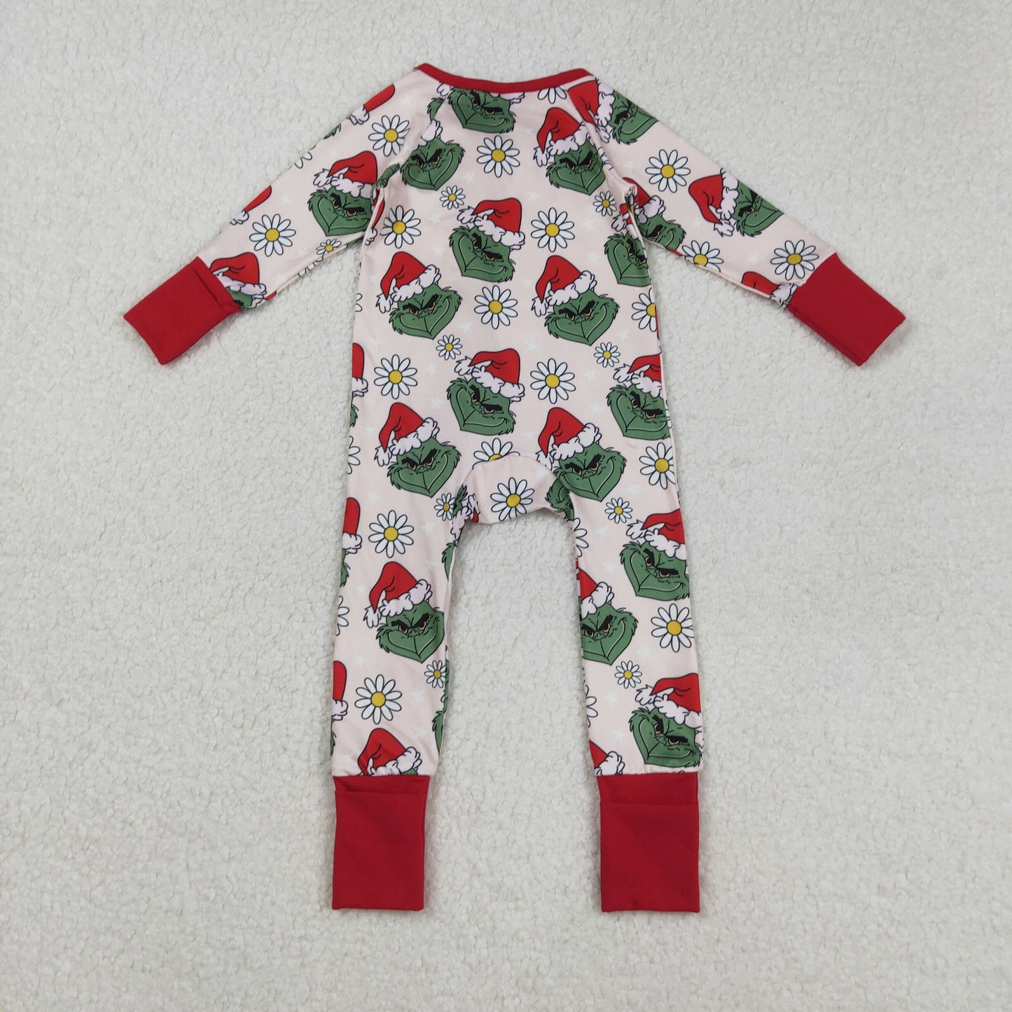 LR2489 Christmas Grinch Flower Red Ruffle Zipper Long Sleeve Girls Romper 202508 RTS