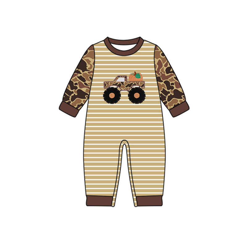 Preorder LR2490 Thanksgiving Truck Pumpkin Camouflage Stripe Beige Brown Long Sleeve Boys Romper 202507