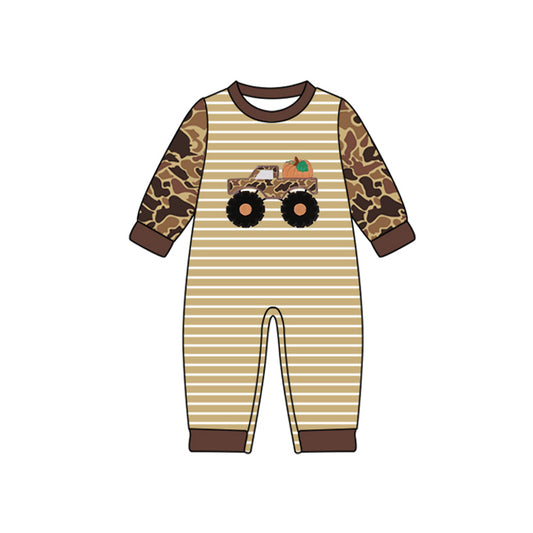 Preorder LR2490 Thanksgiving Truck Pumpkin Camouflage Stripe Beige Brown Long Sleeve Boys Romper 202507